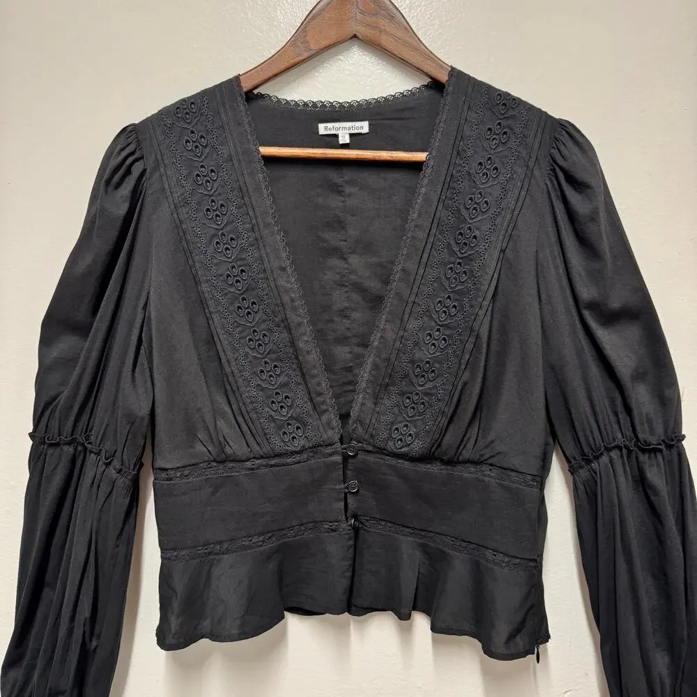 Reformation Meadowlark Blouse Black Eyelet Embroidery Boho Cotton Peplum Size 10